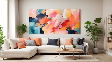 liveable and contented atmosphere living room design concept featuring vibrant abstract painting art wall hanging picture, mockup idea.