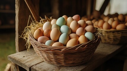 Wall Mural - Fresh Eggs in a Rustic Basket - A rustic wooden setting featuring a wicker basket overflowing with fresh, colorful eggs, symbolizing wholesome ingredients, farm-fresh produce, natural goodness, and he