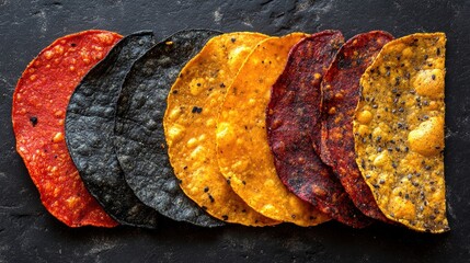 Canvas Print - Colorful Variety of Tortillas on Slate Background