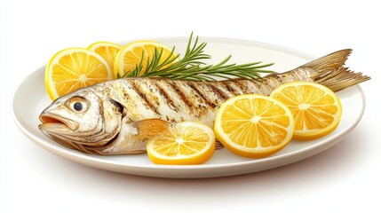 Wall Mural - Grilled Fish with Lemon and Herbs on White Plate