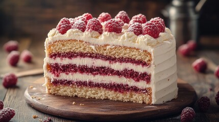 Wall Mural - Delicious Layered Raspberry Cake on Wooden Table