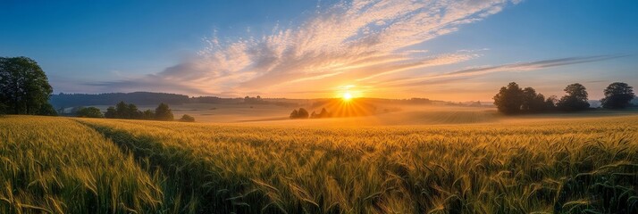 Poster - Golden Sunrise Over Wheat Field - A breathtaking sunrise illuminates a vast wheat field, creating a golden glow. The sun's rays pierce through the clouds, casting long shadows over the landscape. The 