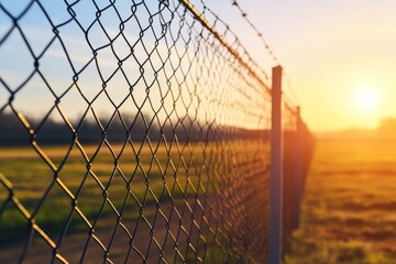 Poster - Golden Sunset Through Chain Link Fence - A chain link fence stands against a vibrant sunset, symbolizing a barrier,  hope, opportunity, limitation, and the beauty in unexpected places.