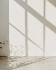 Poster - Calm and Serene Indoor Wall Setup with Light Gray Tones - Soft Daylight, Subtle Flower Shadows, Concrete Floor - Enchanting Ambient Mood