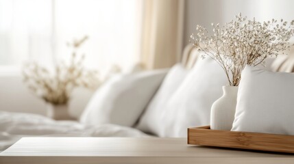 Aufkleber - Cozy Morning Bedroom Scene with Soft Glow Light, Warm Beige Wooden Table for Product Display, Inviting Aesthetic