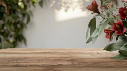 Aufkleber - Rustic Wooden Table for Product Display in Cozy Room with Floral Decor and Warm Ambient Lighting
