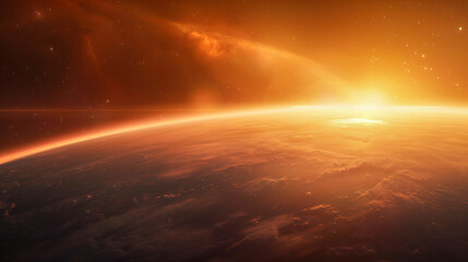 Wall Mural - stunning outer space sunrise with fiery sunlight over alien planet horizon in the vast cosmos for sc