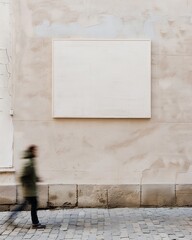 Poster - Urban Wall Mockup with Blank Poster and Passing People in Motion Blur Cozy Outdoor Setting with Soft Beige Stucco and Cobblestone Street