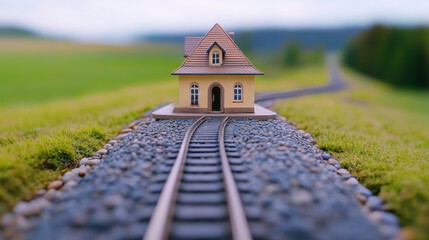 Wall Mural - A miniature house on a train track in the middle of nowhere, AI