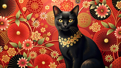 Canvas Print - Wallpaper with a black cat in Japanese style