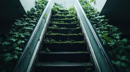 An abandoned escalator overgrown with green plants, suggesting a battle between nature and human infrastructure with light from above illuminating the scene.