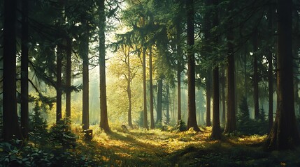 Poster - Sunlight Dappling Through Tall Trees in a Lush Forest