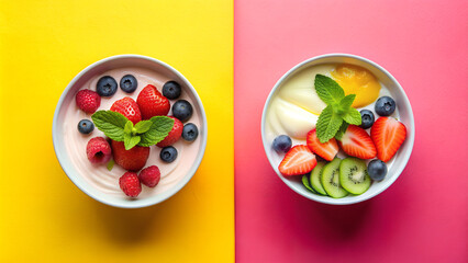 two bowls with fruits and yogurt on a yellow and pink background.