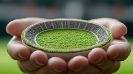 Canvas Print - A person holding a miniature stadium with grass on it, AI