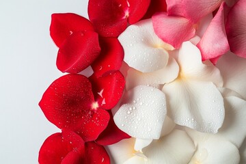 Poster - Close-Up of Dew-Covered Red, White, and Pink Rose Petals Highlighting Intricate Textures and Vibrant Colors in Morning Light