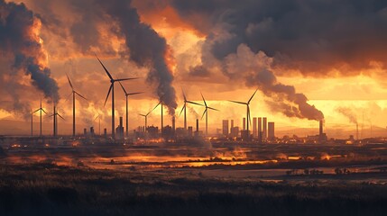 A contrast of renewable energy and industrial pollution at sunset.