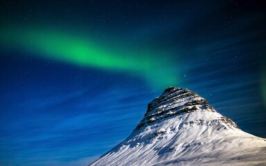 Green Aurora Snow Church Mountain Iceland