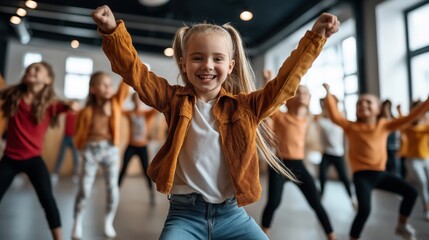 Canvas Print - Group of children joyfully taking a dance or exercise class in a brightly lit studio. Focus is on the happy girl in the foreground with outstretched arms.