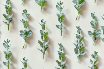 Poster - Calm, Sunny Day Green Plants Pattern on Soft Beige Background with Small Shadows - Simple, Clean Composition