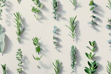 Poster - Minimalist Botanical Pattern Green Plants on Beige Background with Soft Shadows for Calm, Sunny Day Vibe