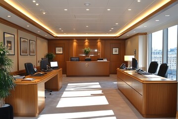 Poster - Modern, Well-Lit Office Interior with Wooden Desks and City View