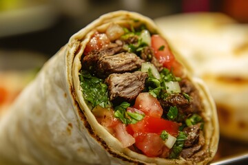 A macro view of a delicious shawarma on a blurry background