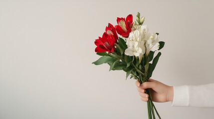 Aufkleber - Young Female Holding Minimalist Floral Arrangement of Red and White Alstroemeria Against Soft White Background in Bright Diffused Light
