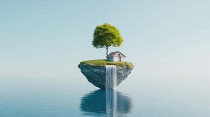 Sticker - A house floating on a rock in the middle of water, AI