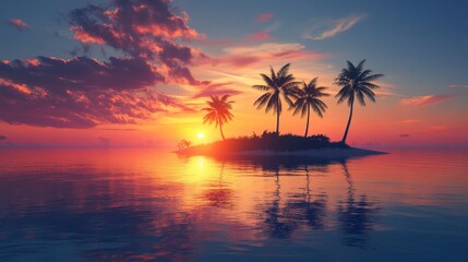 Canvas Print - Tranquil Sunset Over a Tropical Island - A serene tropical island with palm trees silhouetted against a vibrant sunset, reflecting in the calm ocean. The scene evokes feelings of tranquility, relaxati