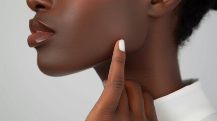 Aufkleber - A woman softly touches her neck with her hand, highlighting a minimalist aesthetic in a bright indoor space