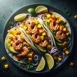 © shamim - A mouth-watering cinematic shot of Shrimp Tacos with Mango Salsa. Ingredients: Shrimp, tortillas, mango, red onion, cilantro, lime, avocado.Description: Juicy shrimp seasoned and quickly cooked, serve