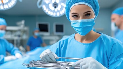 Canvas Print - A woman in blue scrubs holding a surgical tool while other people are standing around, AI