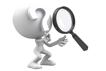 a white cartoon character looking at a magnifying glass