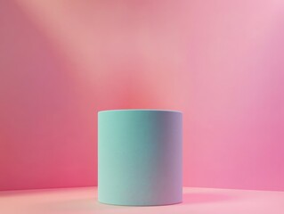 Poster - Minimalist Neon Blue Cylindrical Podium on Soft Pink Background with Subtle Textures and Soft Shadows