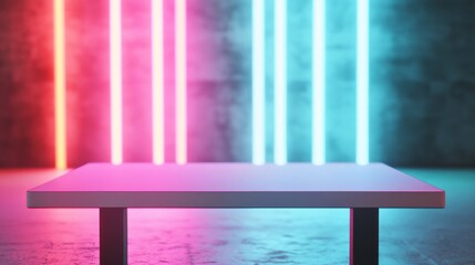 Poster - Vibrant Neon Blue Matte Table Surface for Product Display with Blurred Sports Field Background and Soft Stadium Lights in Energetic, Modern Setting