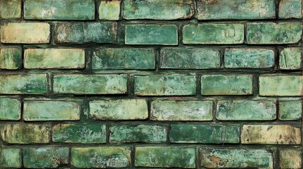 Canvas Print - Weathered Green Brick Wall Texture - A close-up shot of an old brick wall with a weathered green patina. The bricks are arranged in a traditional pattern, creating a sense of age and history. The text