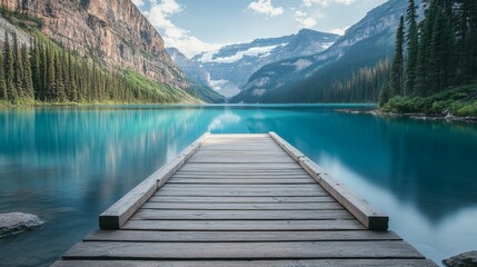 Canvas Print - Wooden Dock Extending into Serene Turquoise Lake with Majestic Mountain Range in Background - A wooden dock extends into a serene turquoise lake, surrounded by majestic mountains. The water is crystal