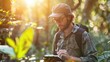 © AlexCaelus - Researcher in a forest with a tablet, documenting observations. Sunlight filtering through leaves, focused on fieldwork.