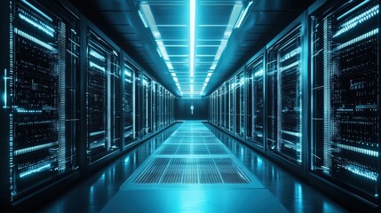 Poster - A modern data center features rows of glowing servers, creating a high-tech ambiance in a meticulously organized space