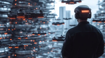 Poster - A logistics manager overseeing the deployment of a large fleet of delivery drones, emphasizing fleet management.