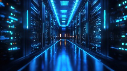 Poster - A futuristic data center features glowing servers lined along a reflective corridor, showcasing advanced technology and efficient design
