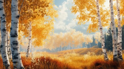 Wall Mural - Autumn landscape with birch trees. Ai generation