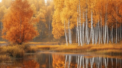 Wall Mural - Autumn landscape with birch trees. Ai generation