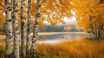 Wall Mural - Autumn landscape with birch trees. Ai generation