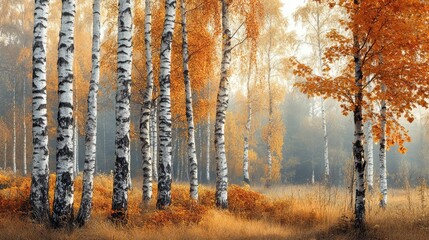 Wall Mural - Autumn landscape with birch trees. Ai generation