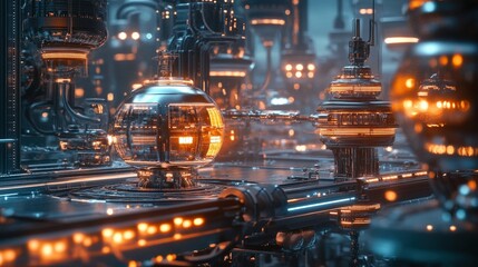 Poster - A complex of glowing energy generators showcases cutting-edge technology, with bright lights illuminating the intricate structures in a bustling city atmosphere