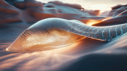 Poster - A luminous, flowing shape moves gracefully over an otherworldly terrain bathed in warm light during twilight