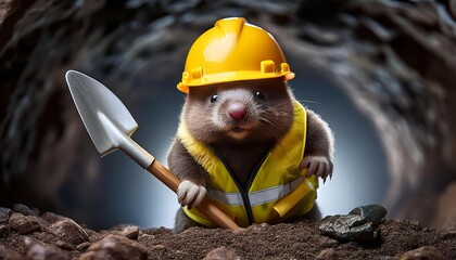 Cute mole with yellow hard hat and working suit in a tunnel