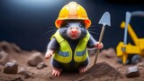 Fototapeta Kwiaty - Cute mole with yellow hard hat and working suit in a tunnel