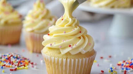 A close-up of yellow frosting being piped onto a cupcake, with sprinkles nearby